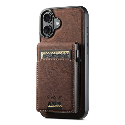 For iPhone 16 Suteni H19 Litchi Grain 2-in-1 MagSafe Removable Card Box Back Phone Case(Brown) - iPhone 16 Cases by Suteni | Online Shopping UK | buy2fix