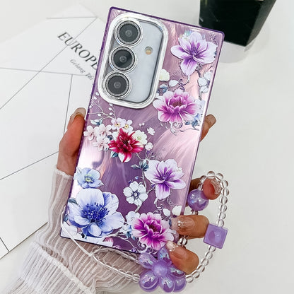 For Samsung Galaxy S25 5G Electroplating Flowers Plants Texture Wristband TPU Phone Case(Purple Flowers FL1) - Galaxy S25 5G Cases by buy2fix | Online Shopping UK | buy2fix