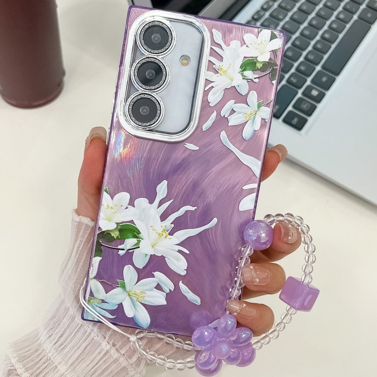 For Samsung Galaxy S25 5G Electroplating Flowers Plants Texture Wristband TPU Phone Case(Gardenia FL15) - Galaxy S25 5G Cases by buy2fix | Online Shopping UK | buy2fix