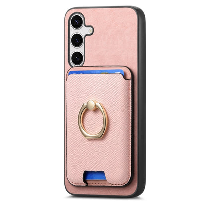 For Samsung Galaxy S25+ 5G Retro Cross Leather Ring Vertical Insert Card Bag MagSafe Phone Case(Pink) - Galaxy S25+ 5G Cases by buy2fix | Online Shopping UK | buy2fix