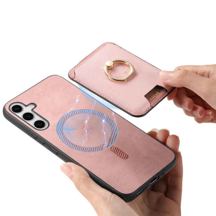 For Samsung Galaxy S25+ 5G Retro Cross Leather Ring Vertical Insert Card Bag MagSafe Phone Case(Pink) - Galaxy S25+ 5G Cases by buy2fix | Online Shopping UK | buy2fix