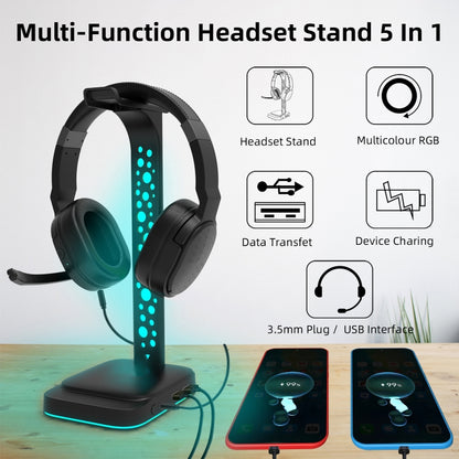 3.5mm Audio RGB Illuminated Headset Holder Dual USB Gaming Headset Display Rack(With Headphone Jack Black) - Headset Stand by buy2fix | Online Shopping UK | buy2fix