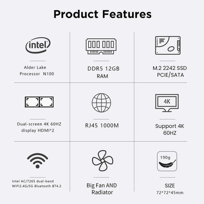 N100/DDR5 12th AlderLake-N100 Dual 4K60Hz Office And Home Mini PC, Spec: 12G+128G /US Plug - Windows Mini PCs by buy2fix | Online Shopping UK | buy2fix