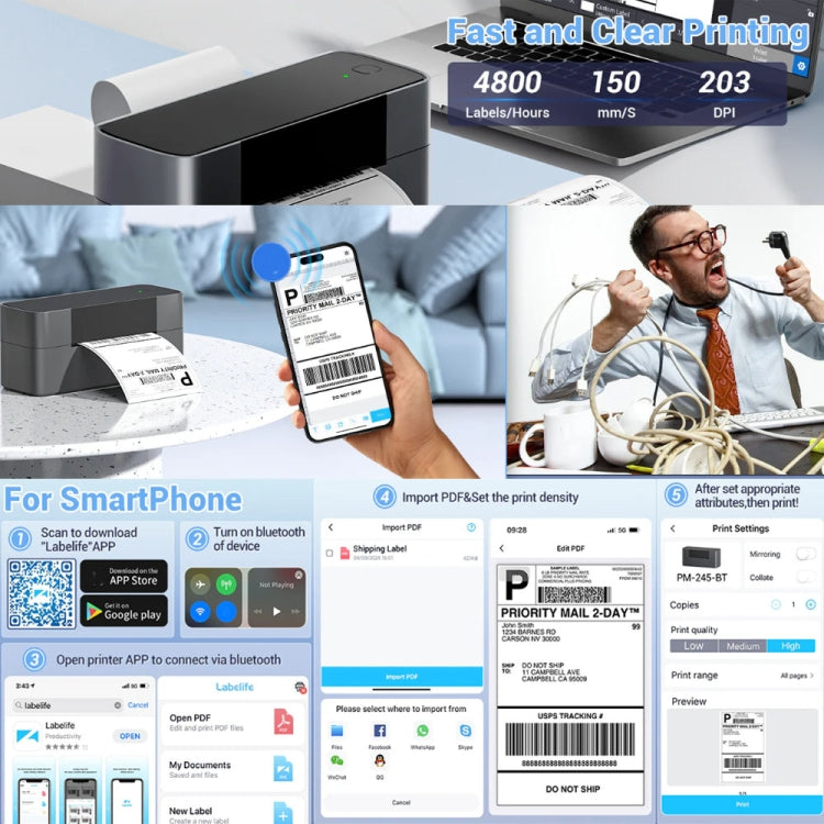 Phomemo PM245-BT Bluetooth Shipping Label Printer Support Labels Width  1- 4.6 Inch(UK Plug) - Printer by Phomemo | Online Shopping UK | buy2fix