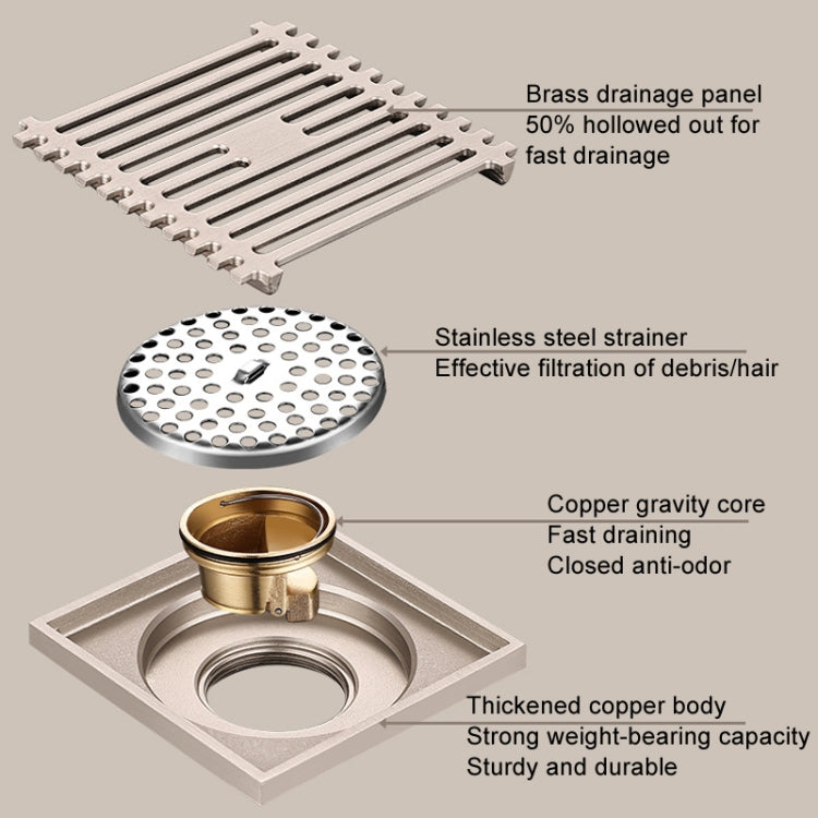 All Copper Brushed Anti-Odor Floor Drain Gravity Copper Core Bathroom Floor Drain, Specification: 8x20cm Long Medium Drain - Drain Strainers by buy2fix | Online Shopping UK | buy2fix