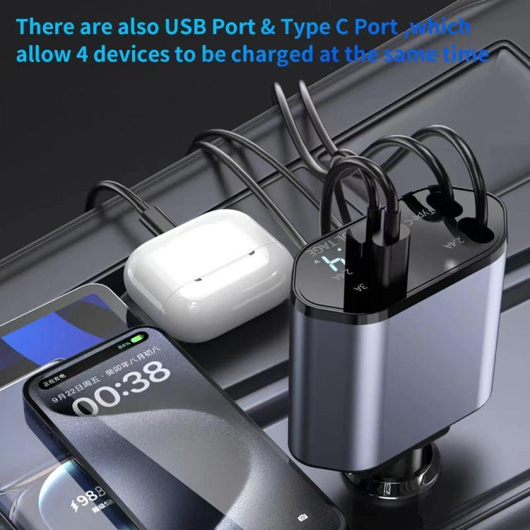 4-In-1 120W Multifunctional USB Retractable Dual-Line Digital Display Car Fast Charger(8 Pin + Type-C) - Car Charger by buy2fix | Online Shopping UK | buy2fix