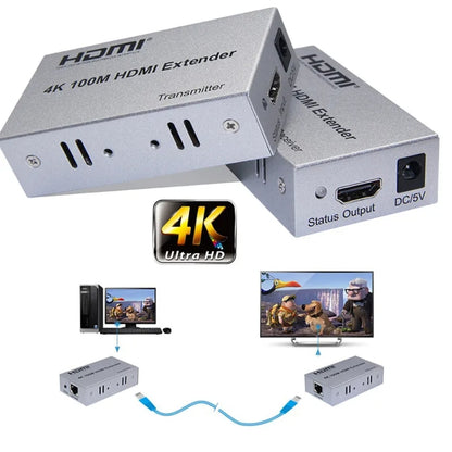 HDMI To RJ45 Single Ethernet Cable 100m Extender 4K HD Cable Signal Amplifier UK Plug(Silver) - Amplifier by buy2fix | Online Shopping UK | buy2fix