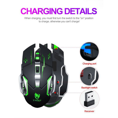 T-WOLF Q13 2.4GHz 6-keys RGB Colorful Light Gaming Wireless Mouse, Color: Dual Mode Gray - Wireless Mice by T-WOLF | Online Shopping UK | buy2fix