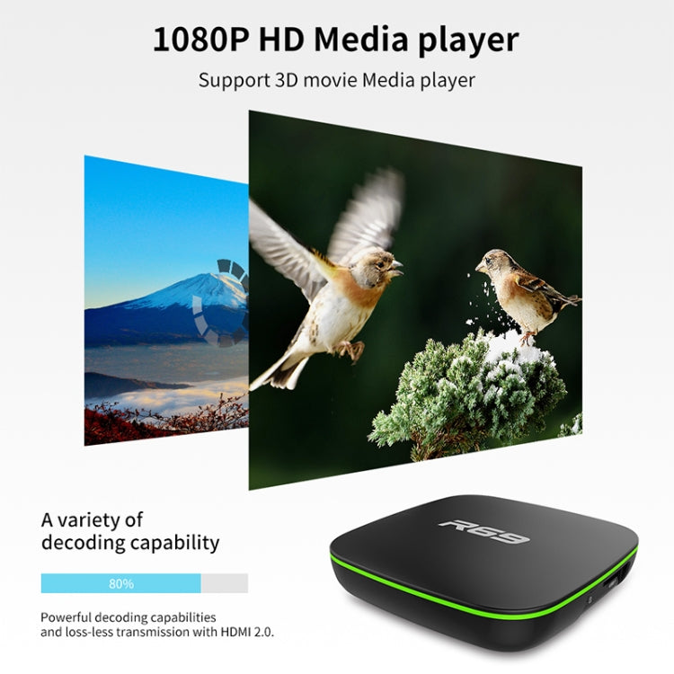 R69 1080P HD Smart TV BOX Android 4.4 Media Player wtih Remote Control, Quad Core Allwinner H3, RAM: 2GB, ROM: 16GB, 2.4G WiFi, LAN, EU Plug - Allwinner H3 by buy2fix | Online Shopping UK | buy2fix