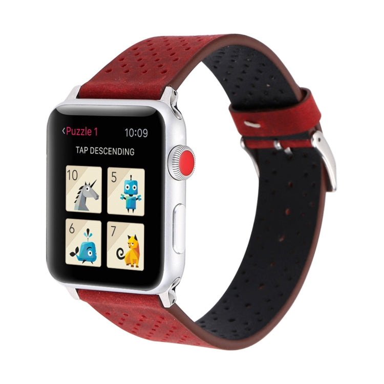 For Apple Watch Series 9&8&7 41mm / SE 3&SE 2&6&SE&5&4 40mm / 3&2&1 38mm Simple Fashion Genuine Leather Hole Pattern Watch Band(Red) - Watch Bands by buy2fix | Online Shopping UK | buy2fix