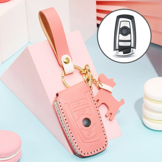 Hallmo Car Female Style Cowhide Leather Key Protective Cover for BMW, A Type (Pink) - In Car by buy2fix | Online Shopping UK | buy2fix