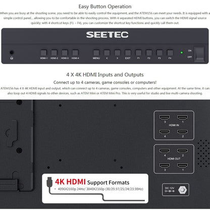 SEETEC ATEM156 1920x1080 15.6 inch IPS Screen HDMI 4K HD Live Broadcast Camera Field Monitor, Support Four Screen Split - Camera Accessories by SEETEC | Online Shopping UK | buy2fix