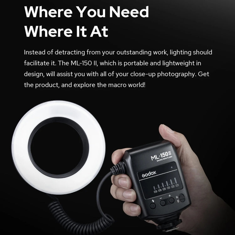 Godox ML-150II On-camera Macro Ring Flash Light with 8 Different Size Adapter Rings (Black) - Ring Light Flashes by Godox | Online Shopping UK | buy2fix