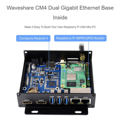 Waveshare Dual Gigabit Ethernet Mini-Computer with Metal Case & Cooling Fan for Raspberry Pi CM4(US Plug) - Mini PC Accessories by WAVESHARE | Online Shopping UK | buy2fix