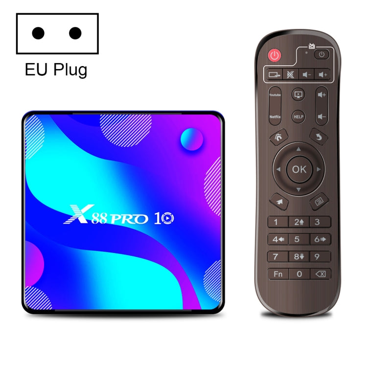 X88 Pro 10 4K Ultra HD Android TV Box with Remote Controller, Android 10.0, RK3318 Quad-Core 64bit Cortex-A53, 2GB+16GB, Support Bluetooth / Dual-Band WiFi / TF Card / USB / AV / Ethernet(EU Plug) - RK3318 by buy2fix | Online Shopping UK | buy2fix