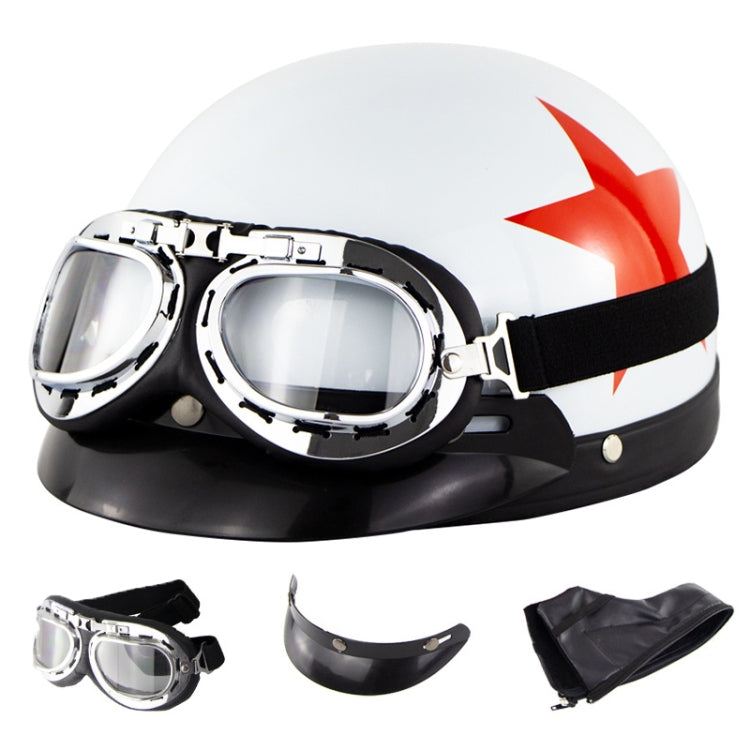 Soman Electromobile Motorcycle Half Face Helmet Retro Harley Helmet with Goggles(Bright White Red Star) -  by SOMAN | Online Shopping UK | buy2fix