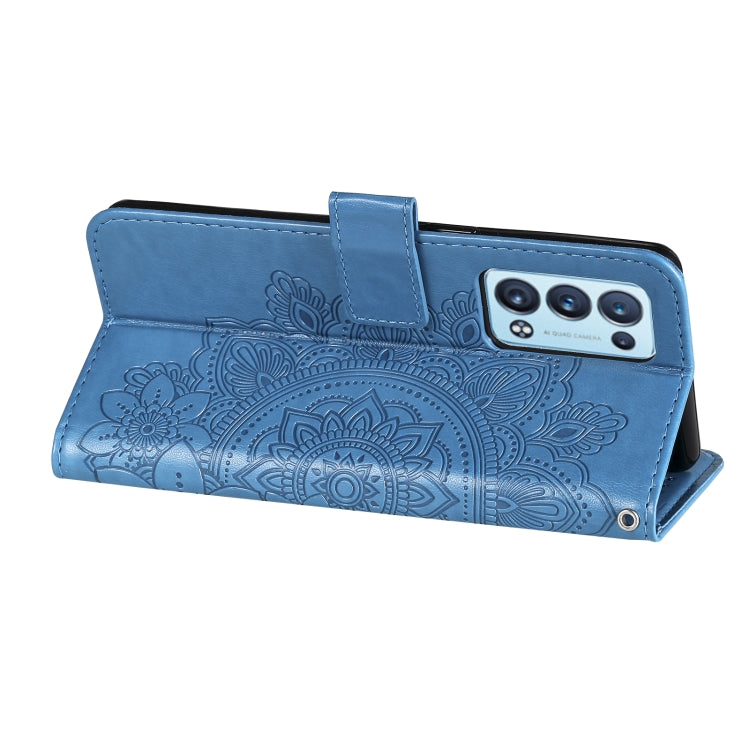 For OPPO Reno6 5G 7-petal Flowers Embossing Pattern Horizontal Flip PU Leather Case with Holder & Card Slots & Wallet & Photo Frame(Blue) - OPPO Cases by buy2fix | Online Shopping UK | buy2fix