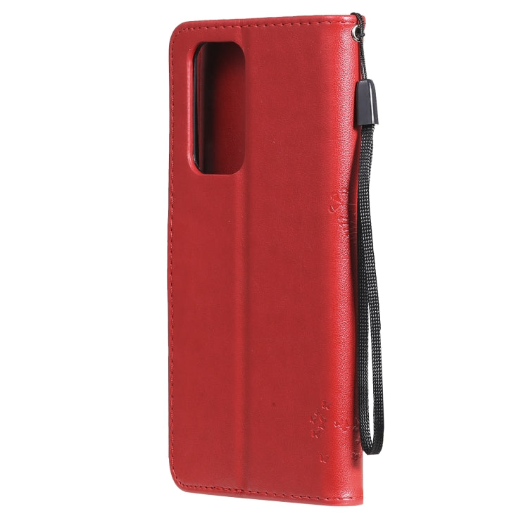 For OnePlus 9 Pro Tree & Cat Pattern Pressed Printing Horizontal Flip PU Leather Case with Holder & Card Slots & Wallet & Lanyard(Red) - OnePlus Cases by buy2fix | Online Shopping UK | buy2fix