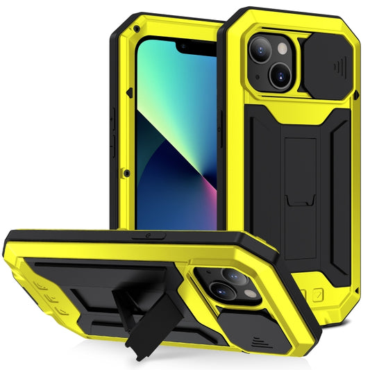 For iPhone 13 mini R-JUST Sliding Camera Shockproof Waterproof Dust-proof Metal + Silicone Protective Case with Holder (Yellow) - Apple Accessories by R-JUST | Online Shopping UK | buy2fix