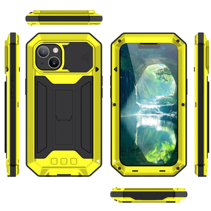 For iPhone 13 mini R-JUST Sliding Camera Shockproof Waterproof Dust-proof Metal + Silicone Protective Case with Holder (Yellow) - Apple Accessories by R-JUST | Online Shopping UK | buy2fix