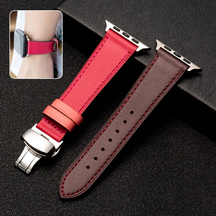 Butterfly Clasp  Top Layer Cowhide Leather Strap Watch Band For Apple Watch Series 8&7 41mm / SE 2&6&SE&5&4 40mm / 3&2&1 38mm(Red) - Watch Bands by buy2fix | Online Shopping UK | buy2fix