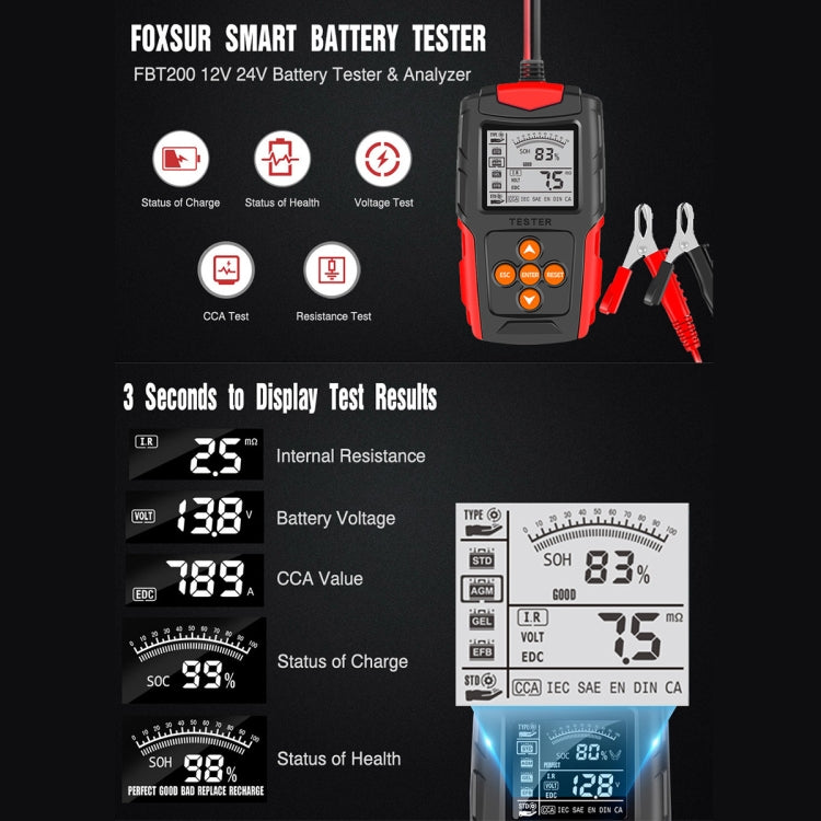 FOXSUR FBT200 12V / 24V Car Battery Tester (Red) - Electronic Test by FOXSUR | Online Shopping UK | buy2fix