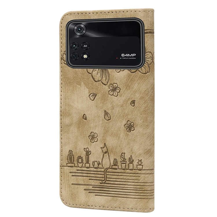 For Xiaomi Poco M4 Pro 4G Global Cartoon Sakura Cat Embossed Leather Phone Case(Brown) - Xiaomi Cases by buy2fix | Online Shopping UK | buy2fix