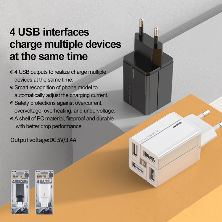 REMAX RP-U43 3.4A 4 USB Port Fast Charger, Specification:EU Plug(White) - USB Charger by REMAX | Online Shopping UK | buy2fix