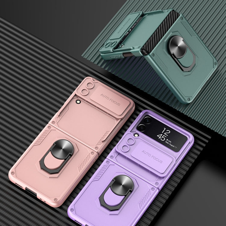 For Samsung Galaxy Z Flip4 GKK Carbon Brazing Pattern Shockproof Armor PC Phone Case with Ring Holder(Black) - Galaxy Z Flip4 5G Cases by GKK | Online Shopping UK | buy2fix