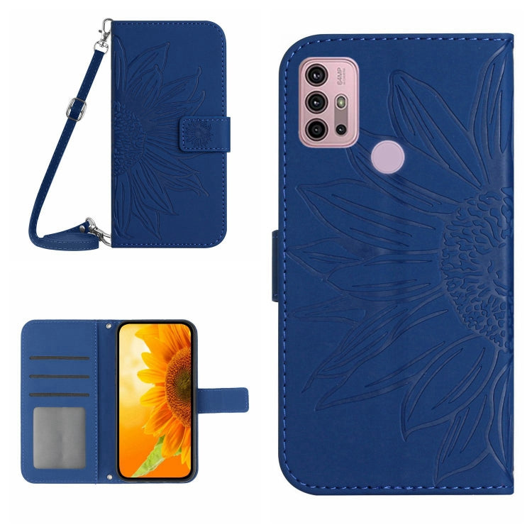 For Motorola Moto G10/G20/G30 Skin Feel Sun Flower Pattern Flip Leather Phone Case with Lanyard(Dark Blue) - Motorola Cases by buy2fix | Online Shopping UK | buy2fix