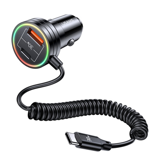 USAMS US-CC167 C33 60W Spring Cable Car Charger with Aperture(Black) - Car Charger by USAMS | Online Shopping UK | buy2fix