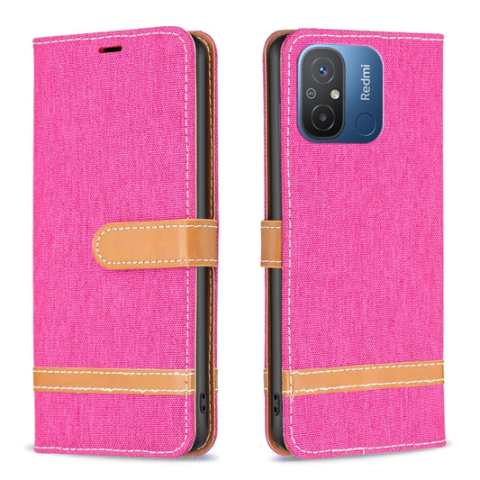 For Xiaomi Redmi 12C Color Block Denim Texture Leather Phone Case(Rose Red) - Xiaomi Cases by buy2fix | Online Shopping UK | buy2fix