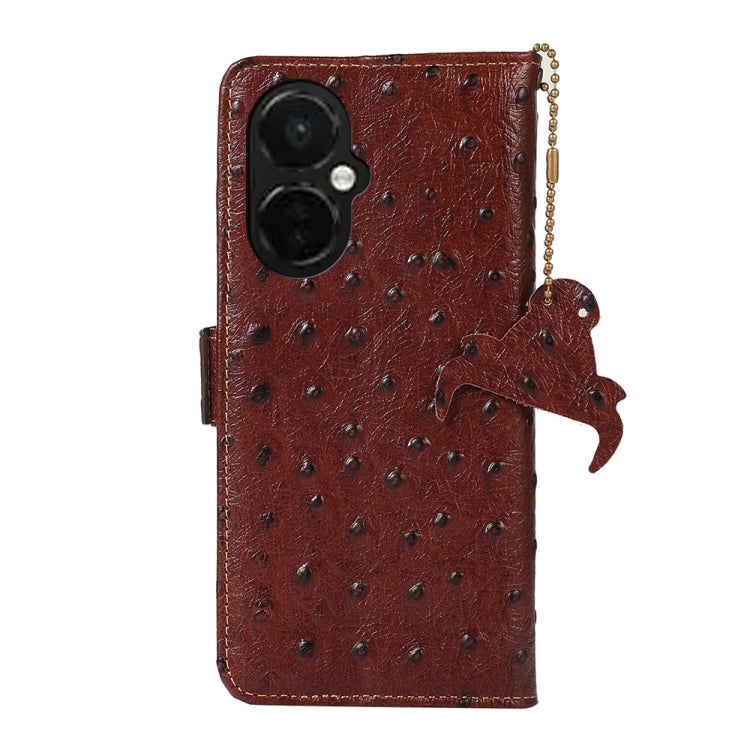 For OnePlus Nord CE 3 Lite Ostrich Pattern Genuine Leather RFID Phone Case(Coffee) - OnePlus Cases by buy2fix | Online Shopping UK | buy2fix