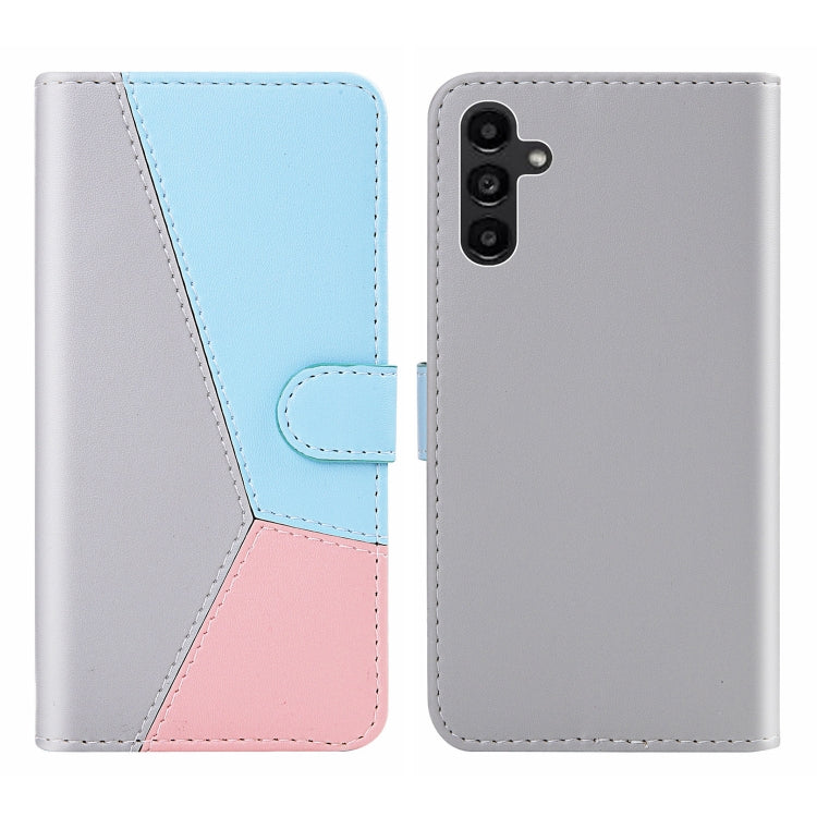 For Samsung Galaxy A14 5G Tricolor Stitching Flip Leather Phone Case(Grey) - Galaxy Phone Cases by buy2fix | Online Shopping UK | buy2fix