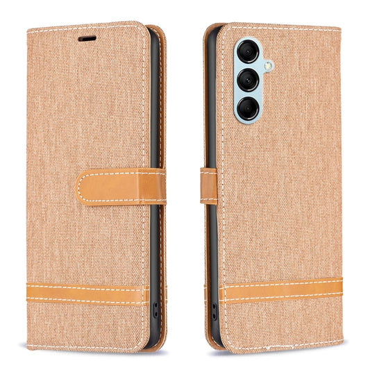 For Samsung Galaxy M14 5G Color Block Denim Texture Leather Phone Case(Brown) - Galaxy Phone Cases by buy2fix | Online Shopping UK | buy2fix