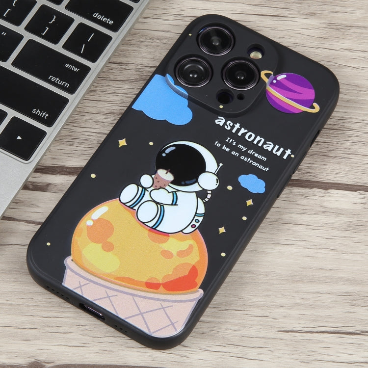 For iPhone 14 Pro Milk Tea Astronaut Pattern Liquid Silicone Phone Case(Ivory Black) - iPhone 14 Pro Cases by buy2fix | Online Shopping UK | buy2fix