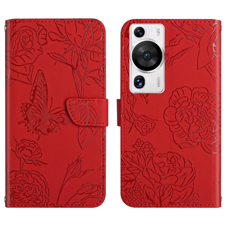 For Huawei P60 Pro HT03 Skin Feel Butterfly Embossed Flip Leather Phone Case(Red) - Huawei Cases by buy2fix | Online Shopping UK | buy2fix