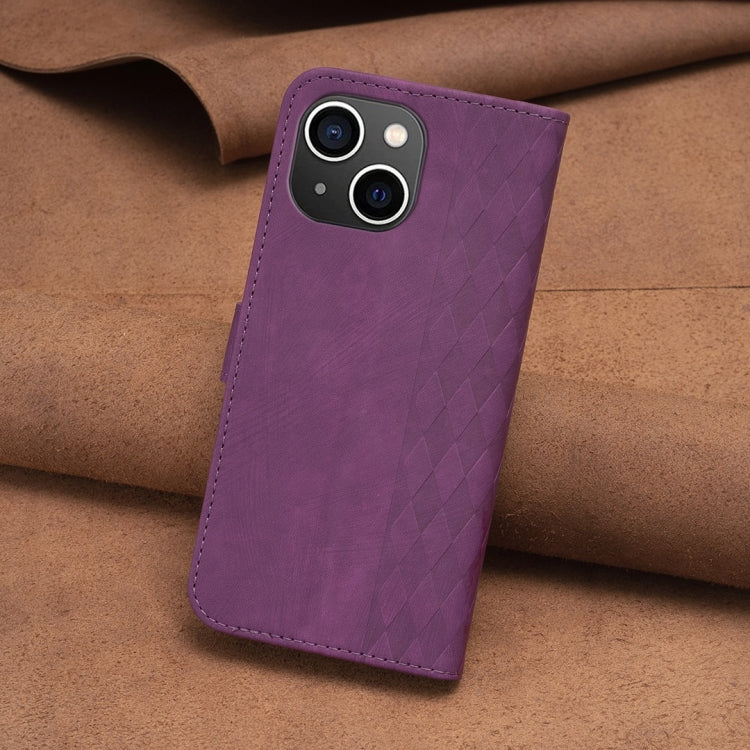 For iPhone 13 Plaid Embossed Leather Phone Case(Purple) - iPhone 13 Cases by buy2fix | Online Shopping UK | buy2fix