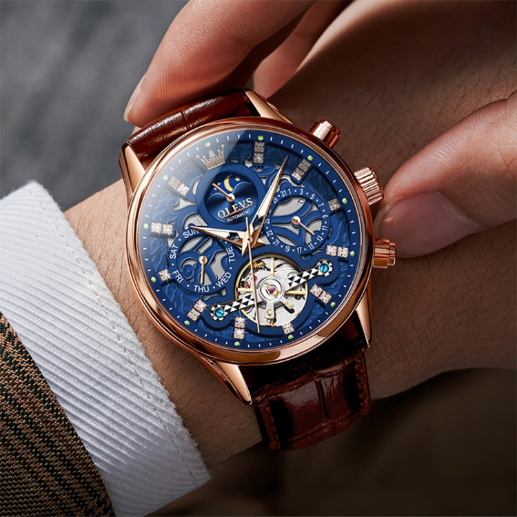 OLEVS 6658 Men Luminous Waterproof Leather Strap Mechanical Watch(Blue + Rose Gold) - Leather Strap Watches by OLEVS | Online Shopping UK | buy2fix