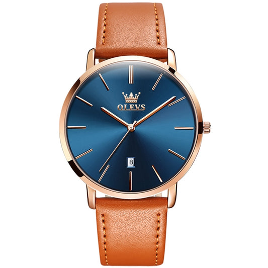OLEVS 5869 Men Business Waterproof Genuine Leather Strap Quartz Watch(Blue + Brown) - Leather Strap Watches by OLEVS | Online Shopping UK | buy2fix