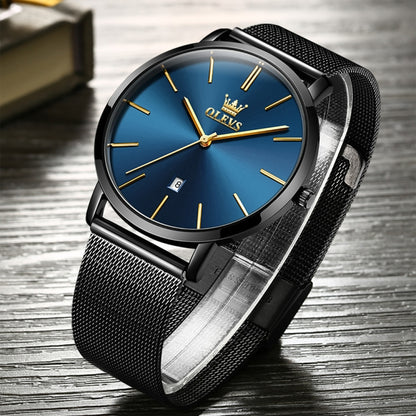 OLEVS 5869 Men Business Waterproof Steel Strap Quartz Watch(Blue + Black) - Metal Strap Watches by OLEVS | Online Shopping UK | buy2fix