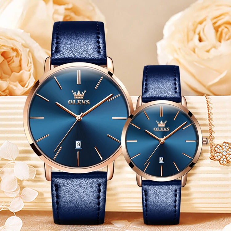 OLEVS 5869 1 Pair Couple Waterproof Genuine Leather Strap Quartz Watch(Blue) - Couple Watches by buy2fix | Online Shopping UK | buy2fix