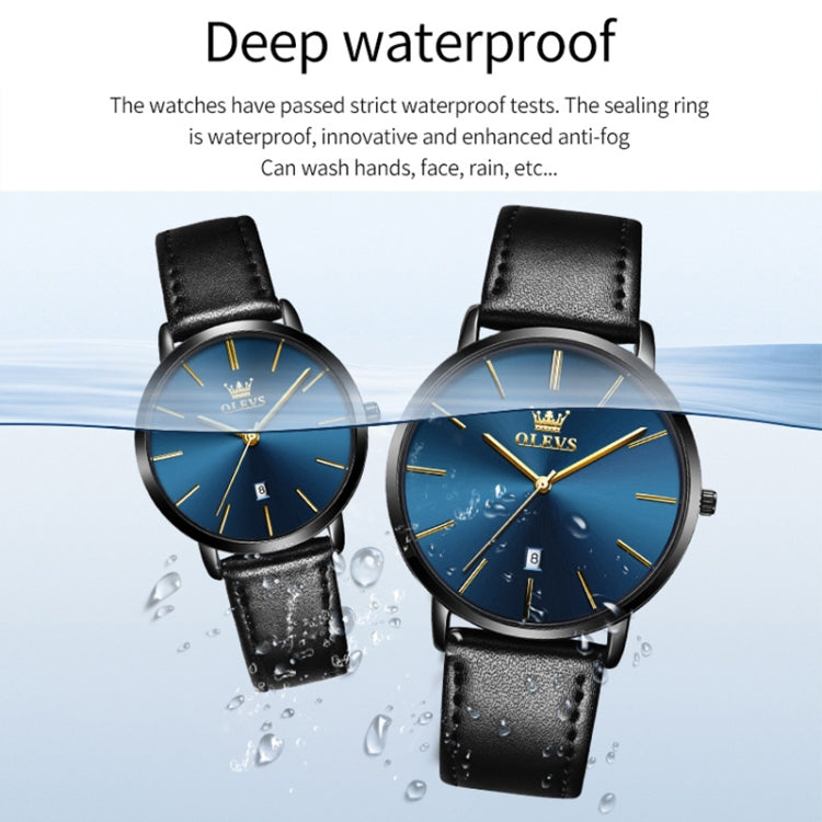 OLEVS 5869 1 Pair Couple Waterproof Genuine Leather Strap Quartz Watch(Blue) - Couple Watches by buy2fix | Online Shopping UK | buy2fix