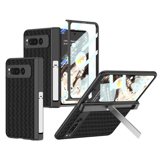 For Google Pixel Fold GKK Integrated Woven Folding Hinge Leather Phone Case with Holder(Black) - Google Cases by GKK | Online Shopping UK | buy2fix