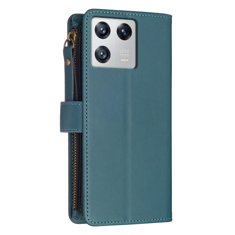 For Xiaomi 13 9 Card Slots Zipper Wallet Leather Flip Phone Case(Green) - 13 Cases by buy2fix | Online Shopping UK | buy2fix