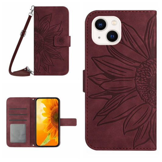 For iPhone 15 Skin Feel Sun Flower Embossed Flip Leather Phone Case with Lanyard(Wine Red) - iPhone 15 Cases by buy2fix | Online Shopping UK | buy2fix