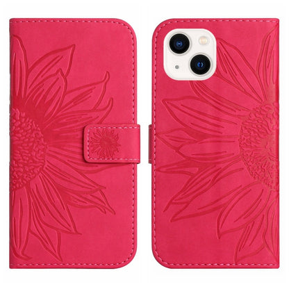 For iPhone 15 Skin Feel Sun Flower Embossed Flip Leather Phone Case with Lanyard(Rose Red) - iPhone 15 Cases by buy2fix | Online Shopping UK | buy2fix