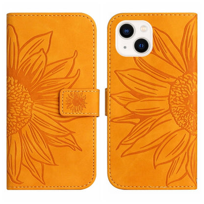 For iPhone 15 Plus Skin Feel Sun Flower Embossed Flip Leather Phone Case with Lanyard(Yellow) - iPhone 15 Plus Cases by buy2fix | Online Shopping UK | buy2fix