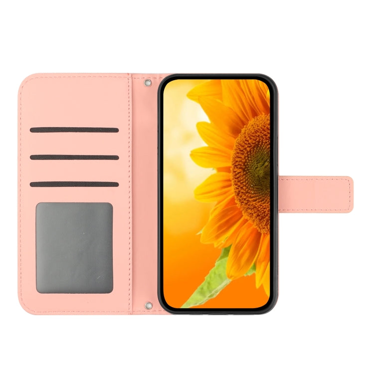 For iPhone 15 Pro Skin Feel Sun Flower Embossed Flip Leather Phone Case with Lanyard(Pink) - iPhone 15 Pro Cases by buy2fix | Online Shopping UK | buy2fix