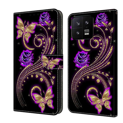 For Xiaomi 13 Crystal 3D Shockproof Protective Leather Phone Case(Purple Flower Butterfly) - 13 Cases by buy2fix | Online Shopping UK | buy2fix